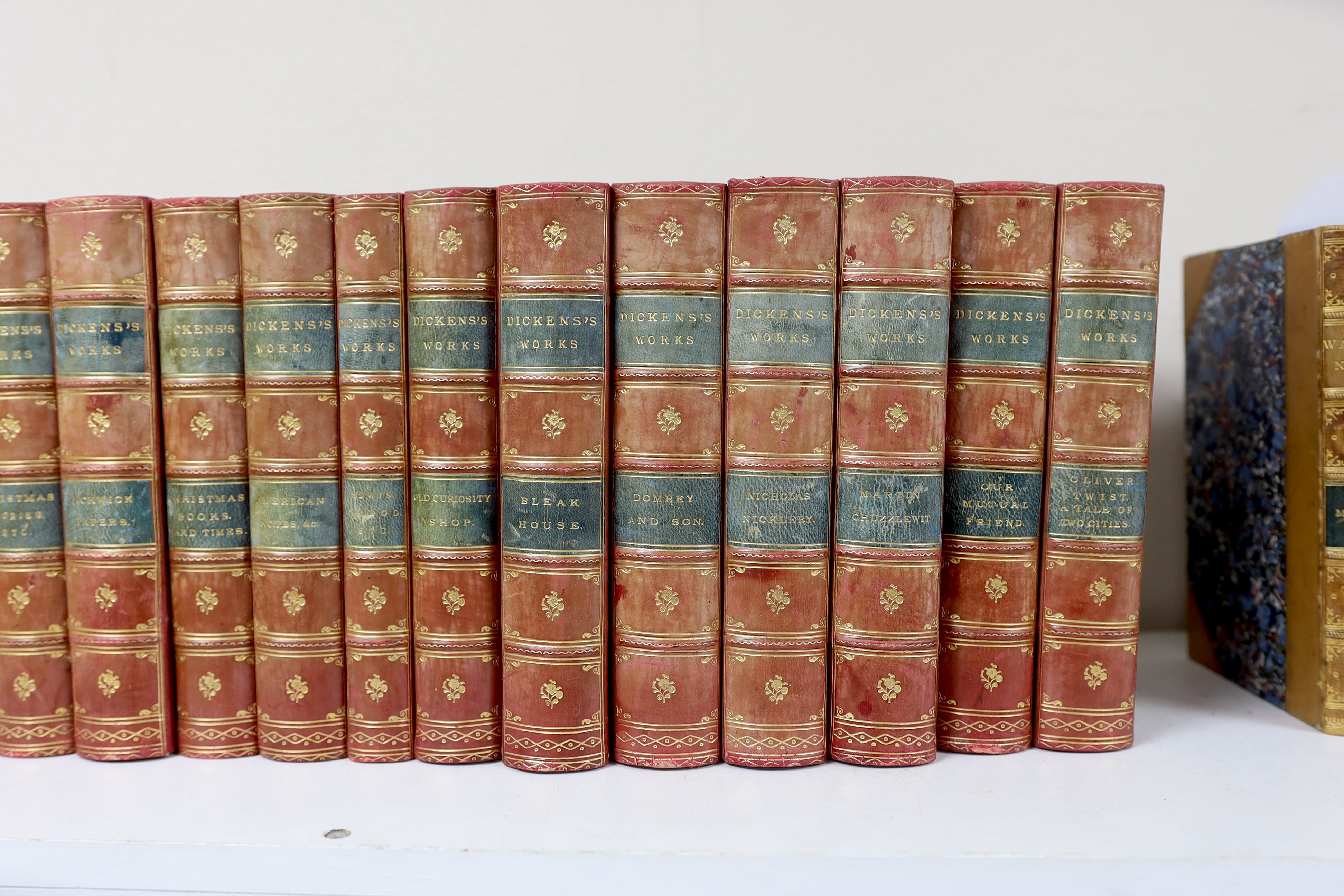 Dickens, Charles - (Collected Edition), 17 vols. some with additional engraved pictorial titles, many plates (the original illustrations); contemp. red half calf and marbled boards, gilt decorated panelled spines with gr